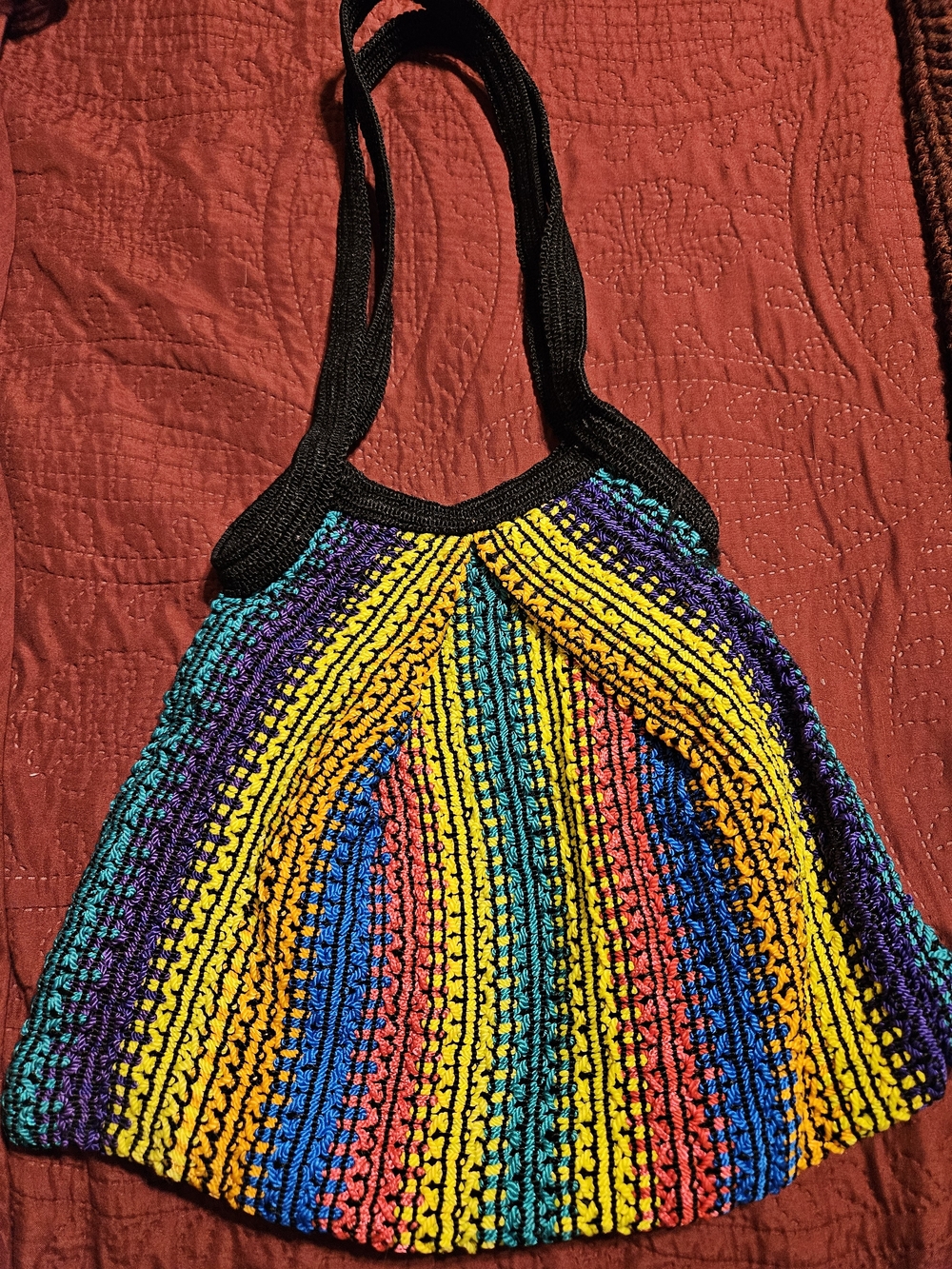 Vintage Multicolor Crochet Tote Bag - Vibrant Yellow, Blue & Purple